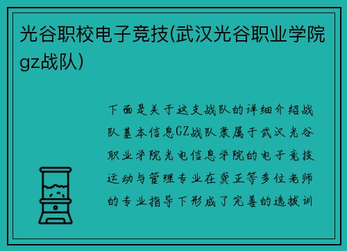 光谷职校电子竞技(武汉光谷职业学院gz战队)